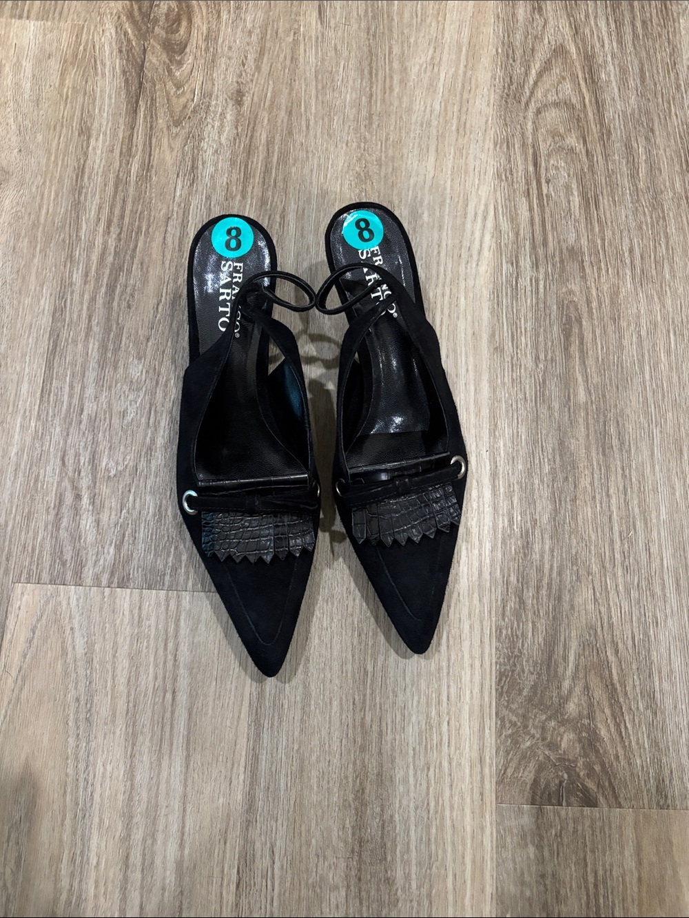 Franco Sarto Black Pointed Toe Kitten Heels with Fringe